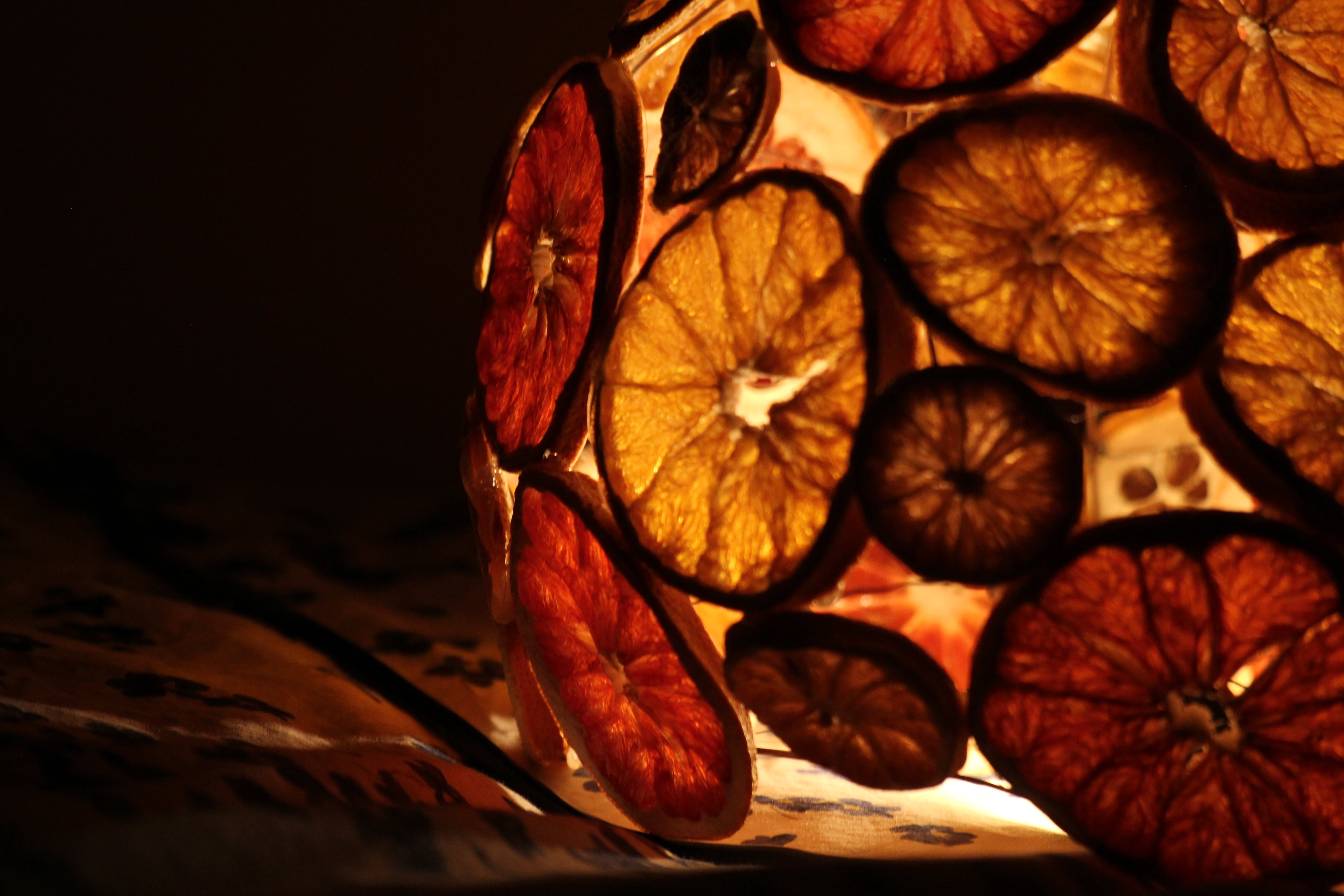 close-up of an organic lamp made from dried orange slices